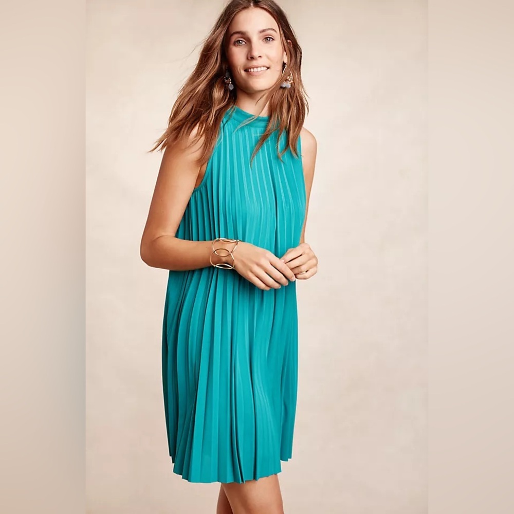 NWT new medium Anthropologie Tracy Reese sea glass swing dress pleated turquoise